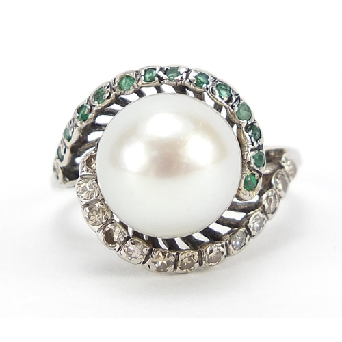 144 - 9ct white gold cultured pearl and diamond ring, size K, 5.7g