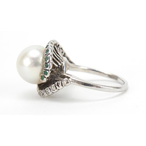 144 - 9ct white gold cultured pearl and diamond ring, size K, 5.7g