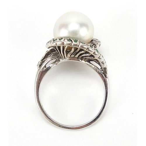 144 - 9ct white gold cultured pearl and diamond ring, size K, 5.7g