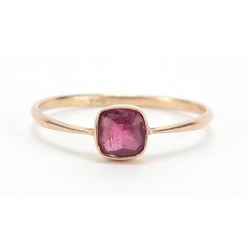 154 - 9ct gold ruby solitaire ring, the stone approximately 4.8mm x 4.8mm, size P, 1.0g