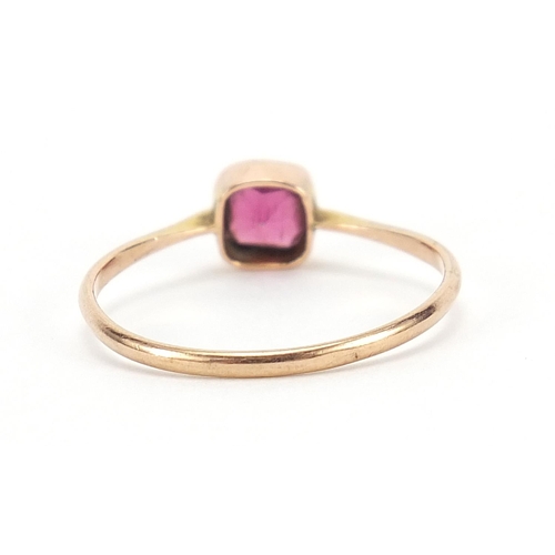 154 - 9ct gold ruby solitaire ring, the stone approximately 4.8mm x 4.8mm, size P, 1.0g