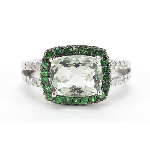 284 - 9ct white gold aquamarine and green stone ring, with diamond shoulders, size N/O, 4.6g