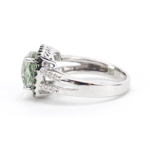 284 - 9ct white gold aquamarine and green stone ring, with diamond shoulders, size N/O, 4.6g