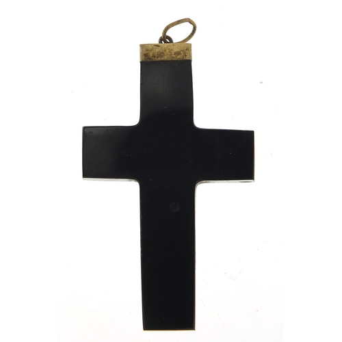 307 - Italian micro mosaic cross pendant inlaid with Roman ruins, 5.2cm high, 11.3g