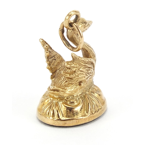 163 - 9ct gold swan design intaglio seal fob carved with a gladiator head, 2.8cm high, 4.2g