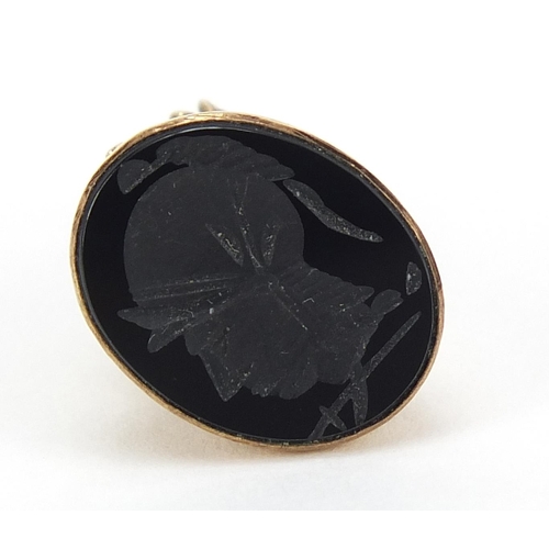 163 - 9ct gold swan design intaglio seal fob carved with a gladiator head, 2.8cm high, 4.2g