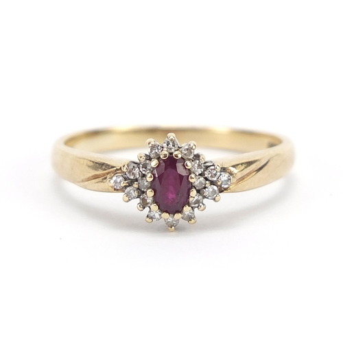 359 - 9ct gold ruby and diamond cluster ring, size R, 2.7g