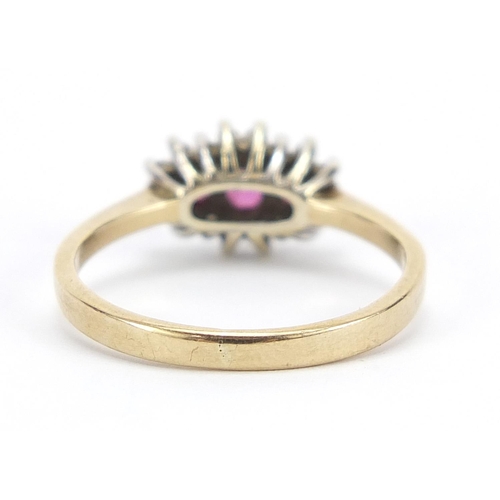 295 - 9ct gold ruby and diamond cluster ring, size L, 2.0g