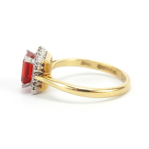 215 - 18ct gold red stone and diamond ring, size M, 3.1g