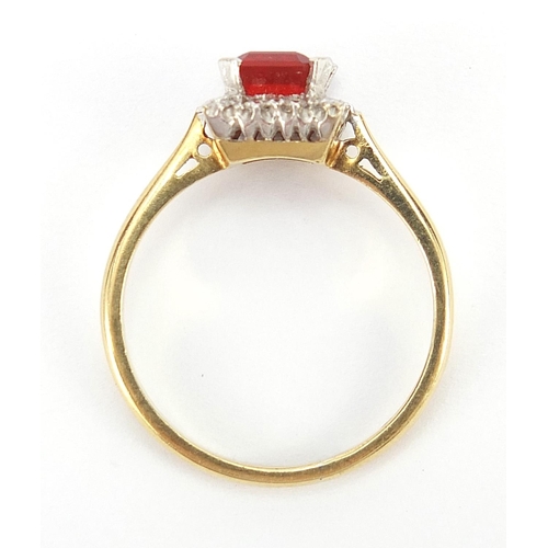 215 - 18ct gold red stone and diamond ring, size M, 3.1g