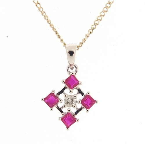 207 - 9ct white gold diamond and ruby pendant on a 9ct white gold necklace housed in a Lynley's box, 1.5cm... 