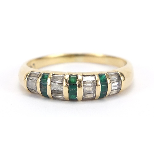 70 - 18ct gold green and clear stone half eternity ring, size V, 3.8g