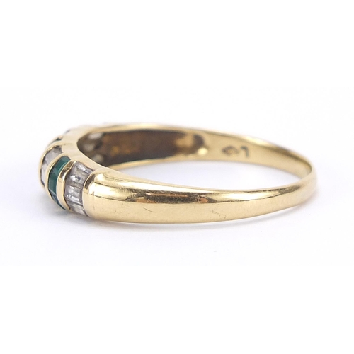 70 - 18ct gold green and clear stone half eternity ring, size V, 3.8g