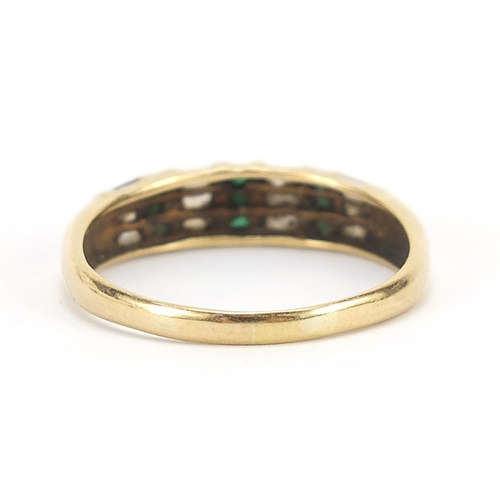 70 - 18ct gold green and clear stone half eternity ring, size V, 3.8g