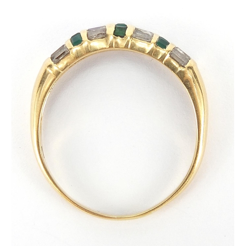 70 - 18ct gold green and clear stone half eternity ring, size V, 3.8g