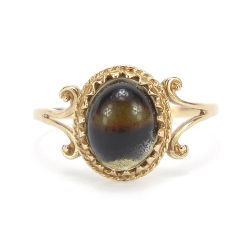 167 - Antique design 9ct gold cabochon stone ring with scrolled shoulders, size R, 1.5g