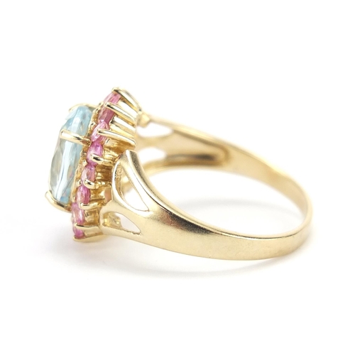 744 - 9ct gold pink and blue sapphire ring, size N, 3.8g