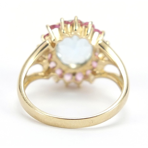 744 - 9ct gold pink and blue sapphire ring, size N, 3.8g