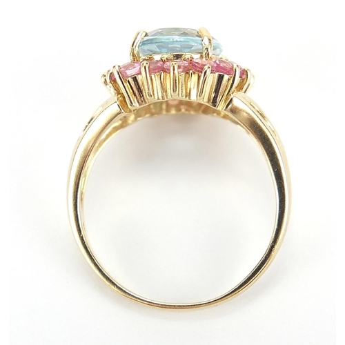 744 - 9ct gold pink and blue sapphire ring, size N, 3.8g