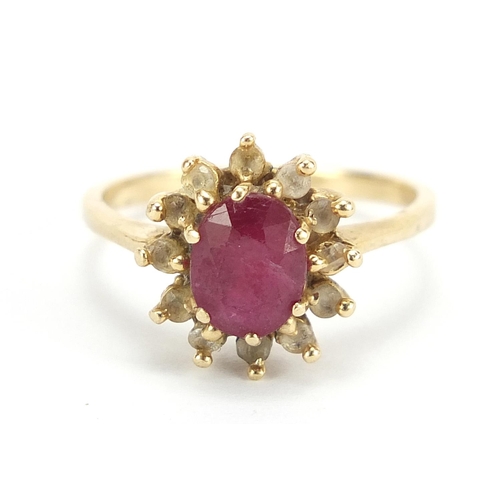 438 - 14ct gold ruby and topaz ring with certificate, size M, 3.2g