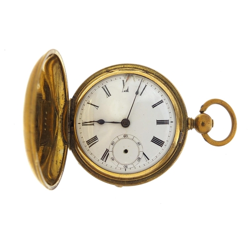 231 - Antique gentlemen's gold plated full hunter pocket watch with enamel dial and compass to the dust co... 