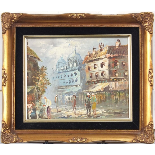 790 - Burnett - Parisian street scene with figures, Impressionist oil on canvas, mounted and framed, 24cm ... 