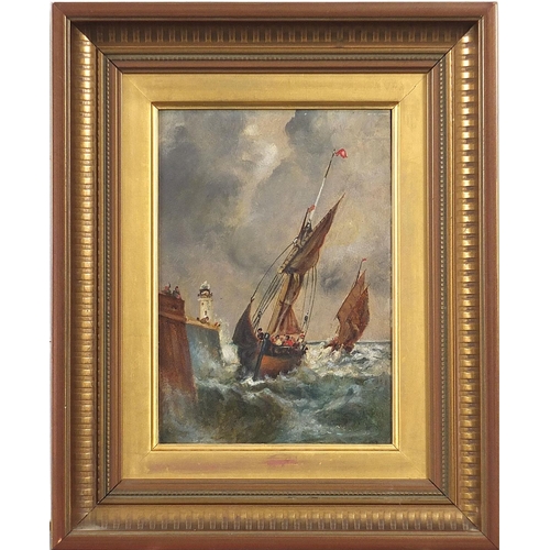 611 - Figures in boats beside a jetty and lighthouse, 19th century maritime oil, mounted and framed, 17.5c... 