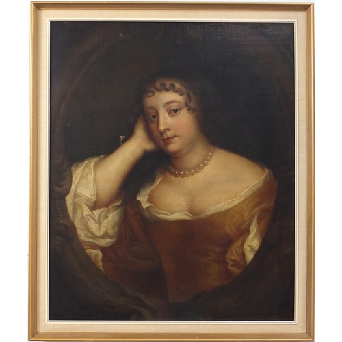 534 - After Sir Peter Lely - Portrait of a lady wearing a pearl necklace, antique old master oil on canvas... 