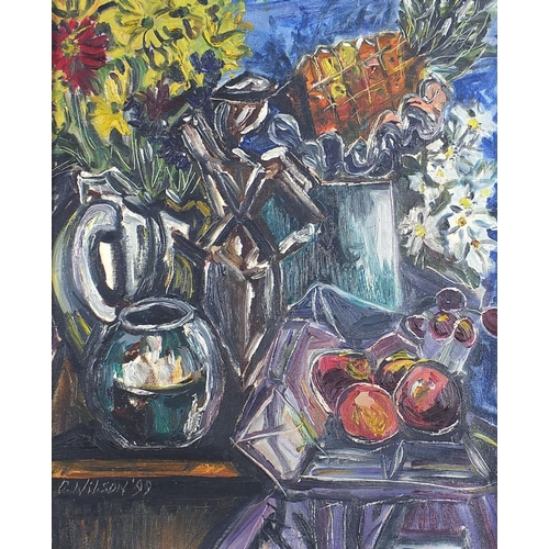685 - Still life flowers and fruit, oil on board, indistinctly signed, possibly O Wilson, framed, 54cm x 4... 