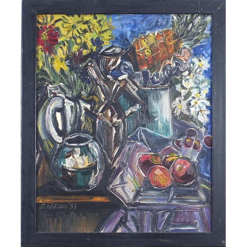 685 - Still life flowers and fruit, oil on board, indistinctly signed, possibly O Wilson, framed, 54cm x 4... 