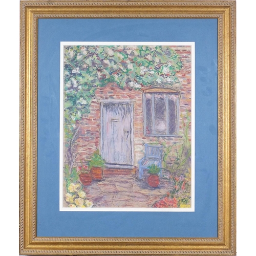 726 - Cottage garden with flowers, pastel, mounted, framed and glazed, 35cm x 27.5cm excluding the mount a... 