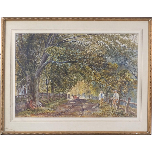 724 - James Adams - Figures beside a lane and trees, 19th century watercolour, mounted, framed and glazed,... 