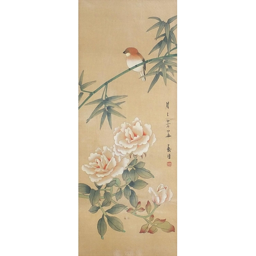 596 - Bamboo groves and bird of paradise amongst flowers, two Chinese watercolours on silks, each with cha... 