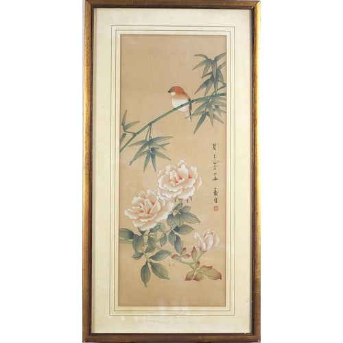 596 - Bamboo groves and bird of paradise amongst flowers, two Chinese watercolours on silks, each with cha... 