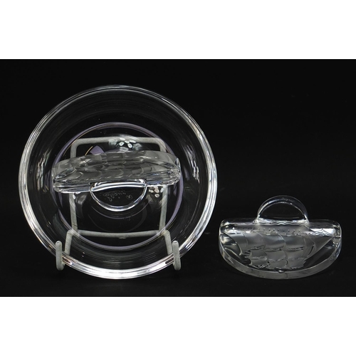 737 - Lalique, French frosted and clear glass caravelle pin tray and a cachet, both etched Lalique France,... 