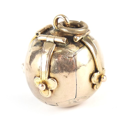 344 - 9ct gold cased silver folding masonic ball pendant, 4cm high when open, 9.0g