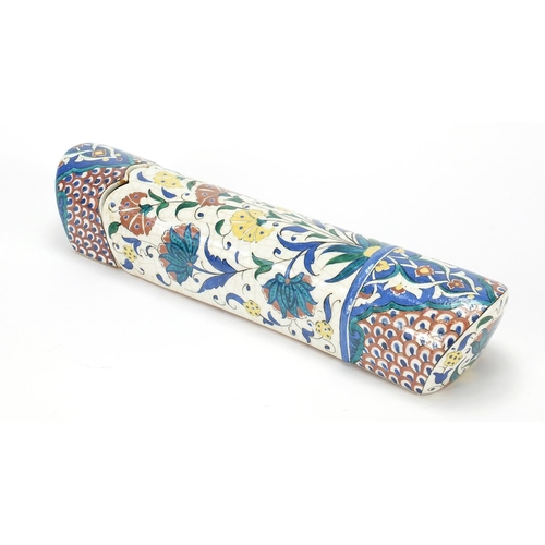 804A - Turkish Kutahya pottery pen box hand painted with flowers, 32cm in length