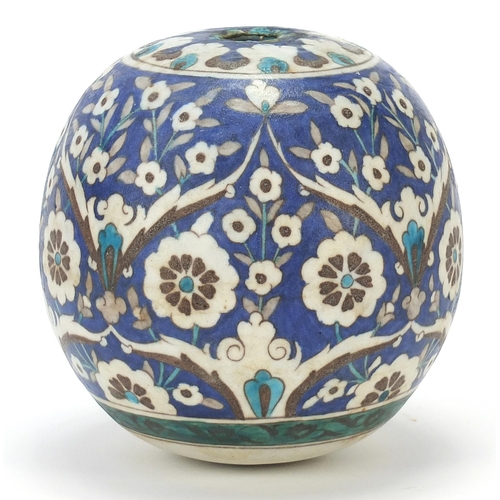 807 - Turkish Kutahya pottery ball pendant hand painted with flowers, 14cm high