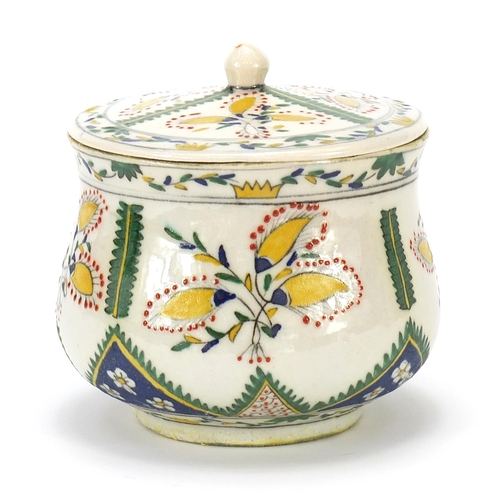 804 - Turkish Kutahya pottery baluster sweet bowl and cover hand painted with flowers, 15cm high