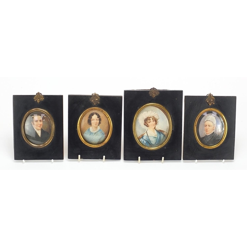 507 - Four Victorian oval hand painted portrait miniatures, including one of a lady wearing a bonnet, one ... 