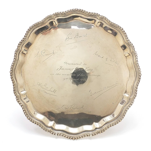 652 - J B Chatterley & Sons Ltd, George V silver salver raised on four ball and claw feet, engraved Presen... 