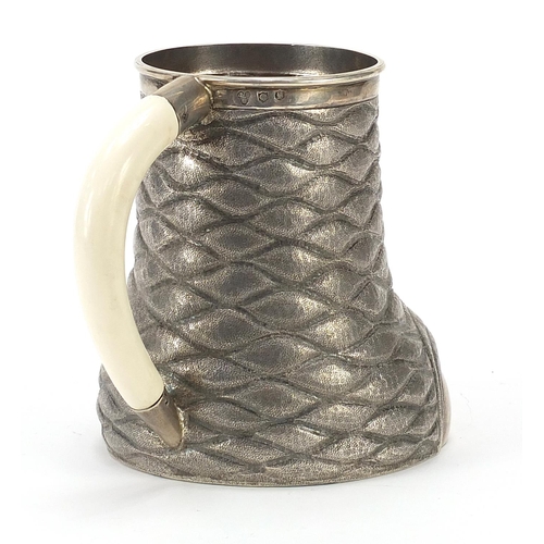 628 - Indian silver tankard in the form of an elephant's foot, with ivory handle, possibly Calcutta, impre... 