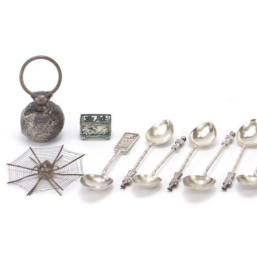 601 - Chinese silver and white metal objects including set of six teaspoons with figural terminals, miniat... 