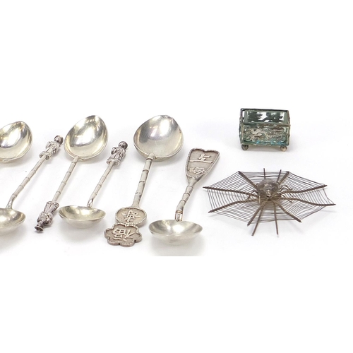 601 - Chinese silver and white metal objects including set of six teaspoons with figural terminals, miniat... 