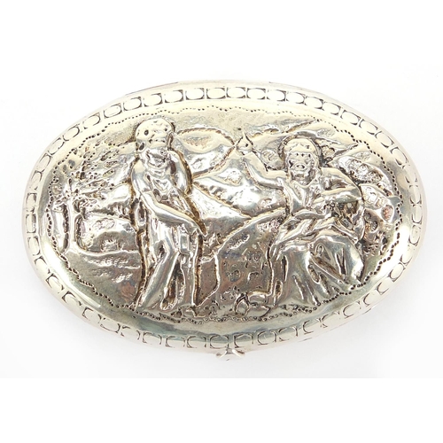 580 - Antique Continental silver snuff box, embossed with figures and gilt interior, impressed marks to th... 