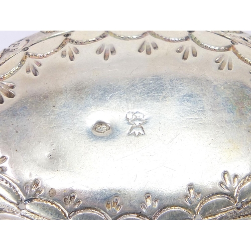 580 - Antique Continental silver snuff box, embossed with figures and gilt interior, impressed marks to th... 