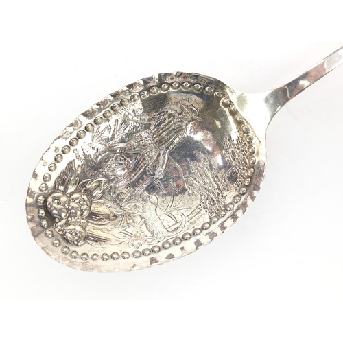 741 - Victorian Continental silver spoon embossed with a figure with dog and squirrel handle, import marks... 