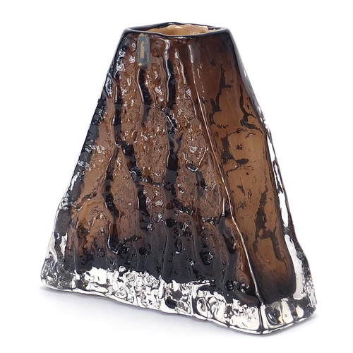 568 - Geoffrey Baxter for Whitefriars, triangular glass vase in cinnamon with paper label, 17.5cm high