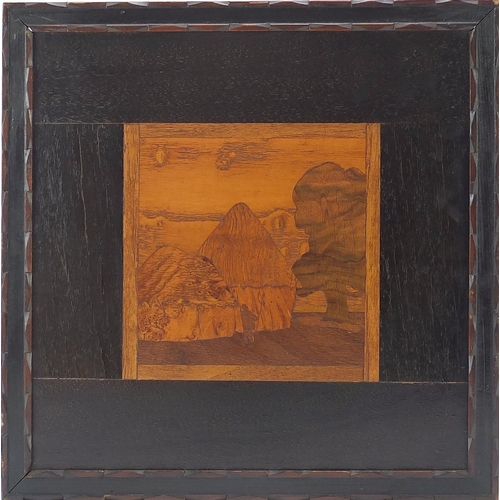 574 - Rowley Gallery, Arts & Crafts wooden marquetry inlaid panel titled Golden Stacks, label verso, 34cm ... 