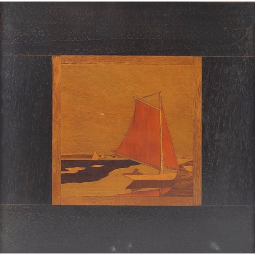 573 - Rowley Gallery, Arts & Crafts marquetry inlaid panel titled Sunlit Sail, label verso, 34cm x 34cm